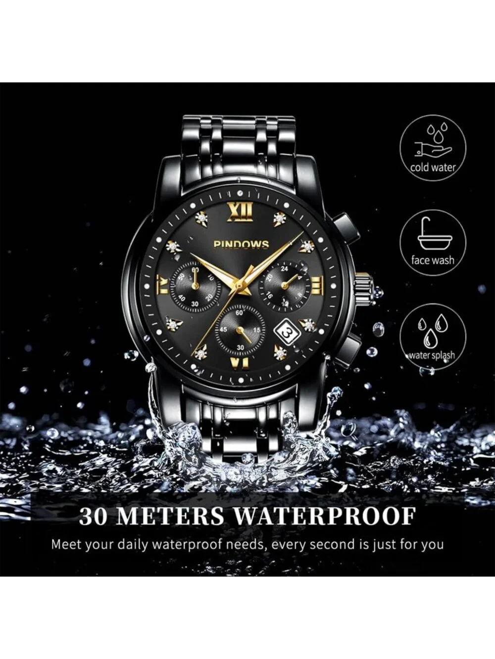 Men's All Black Classic Quartz Watch Stainless Steel Diamond Dial Wrist Watch